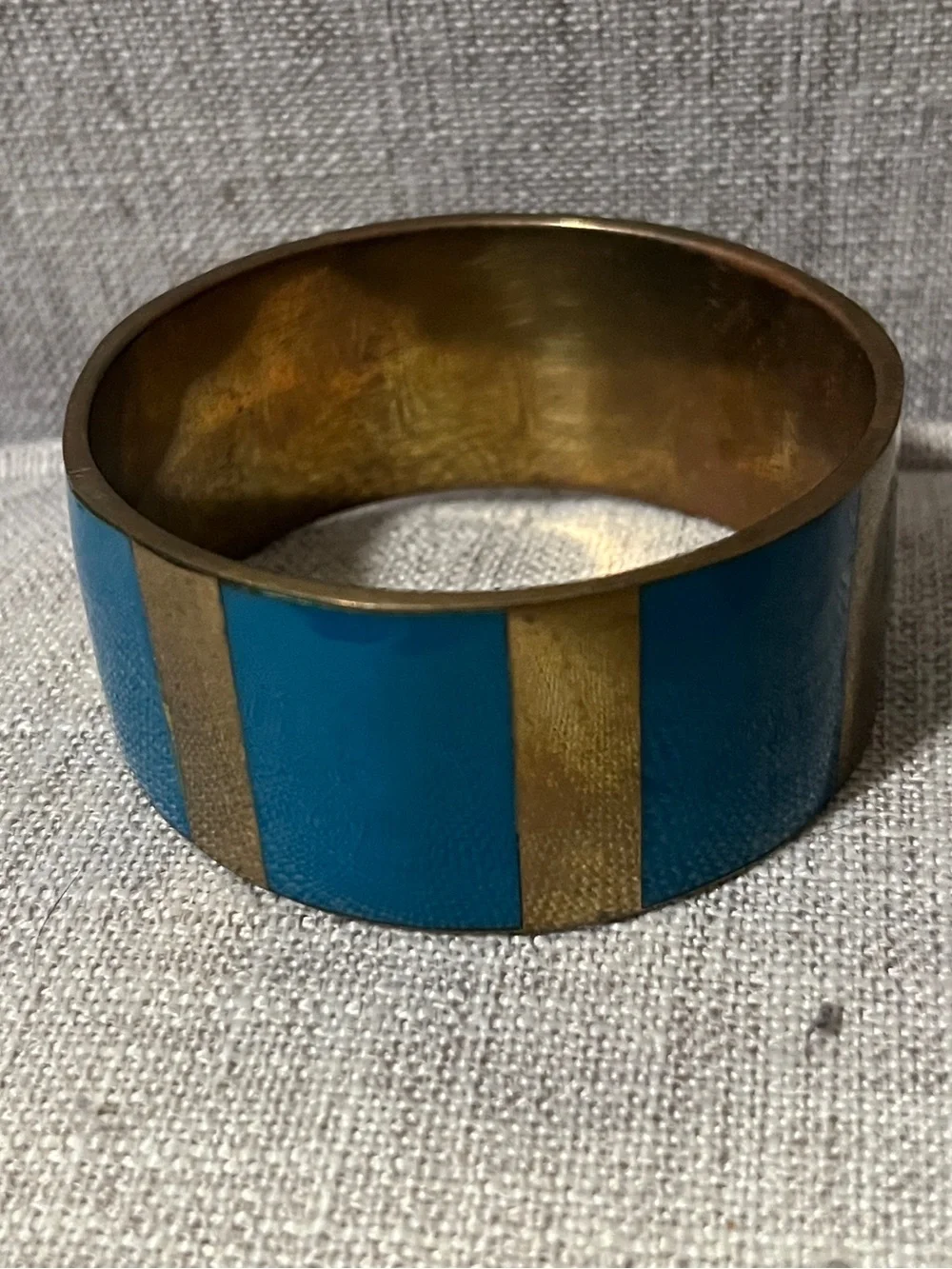 Vintage Bohemian Chunky Brass and Blue Enamel Bangle Bracelet, Circa 1970s